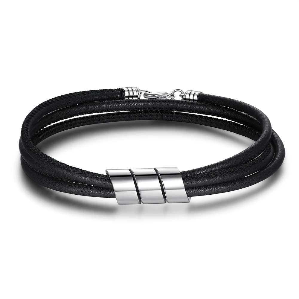 JewelOra-pulsera de cuentas de cuero negro para hombre, brazalete de acero inoxidable con grabado personalizado de nombres familiares, regalo para novio