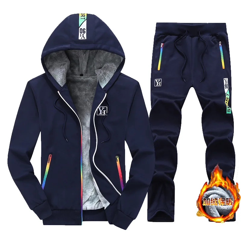 Sport Suit Thick Warm Fleece Hoodie Tracksuit Men Sportswear Set Autumn Winter hoodie Pants Set Casual Zipper Hooded Jackets - Цвет: XL001  Blue warm