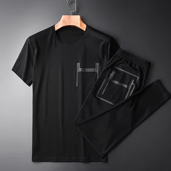 

New Summer Short-sleeved Sets (t-shirts + Pants ) Hight Quality Slim Casual Printed T-shirts 2pices Black Pants Plus Size 4xl