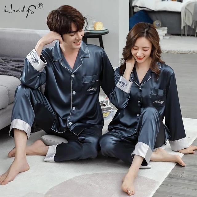 Couples Unisex Silk Pajamas Set Sleepwear Nightgown Long Sleeve Men Satin  Pijama