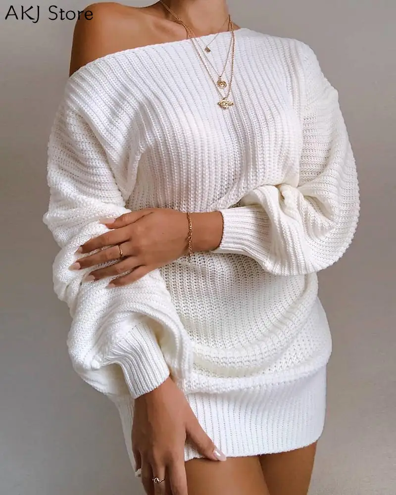 Women Fashion Casual One Shoulder Lantern Sleeve Knitted Sweater Dress | Женская одежда
