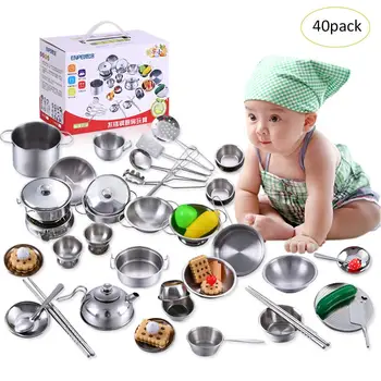 

18/25/32/40PCS Stainless Steel Kids House Kitchen Toys Cooking Cookware Children Pretend Play Kitchen Playset - Silver Figures