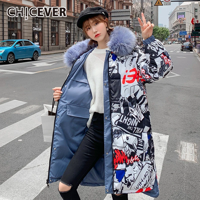 

CHICEVER OL Style Print Women's Coat Hooded Collar Long Sleeve Plus Size Loose Casual Thick Coats Female Winter 2019 Fashion New