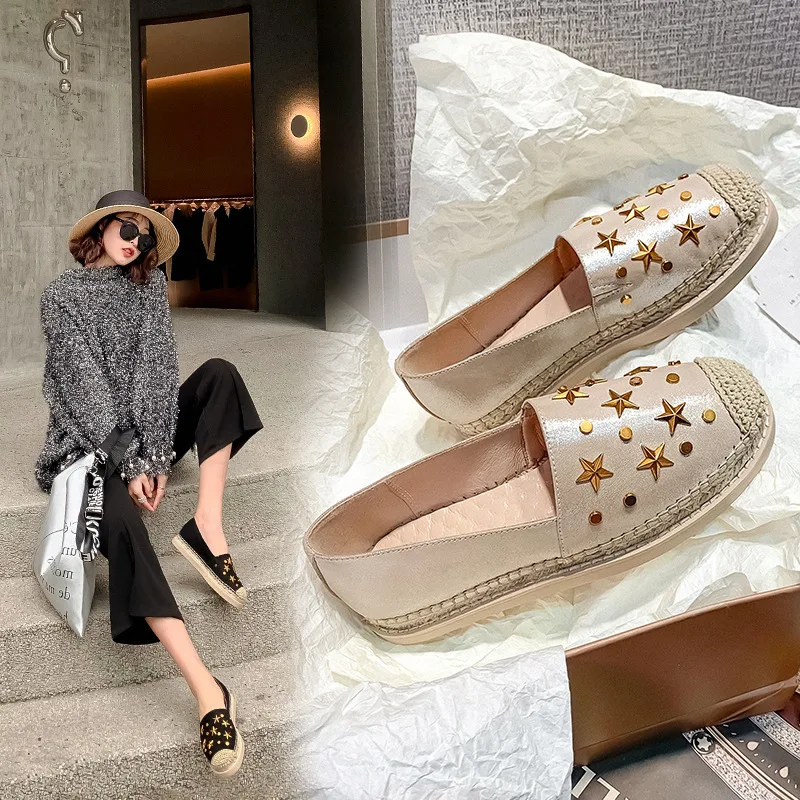 

Rivet Loafers Fisherman Shoes Women's 2020 Spring Slip-on Summer Genuine Leather Flat Keel Thin Shoes Women's Loafers Maternity