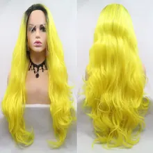 Темные корни Омбре желтый 150% плотность синтетический парик фронта шнурка тела волна термостойкие волокна волос свободная часть для женщин Девушка Парики