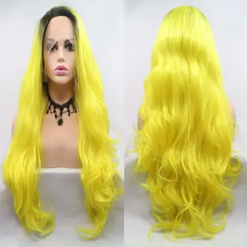 

Dark Roots Ombre Yellow 150% Density Synthetic Lace Front Wig Body Wave Heat Resistant Fiber Hair Free Part For Women Girl Wigs