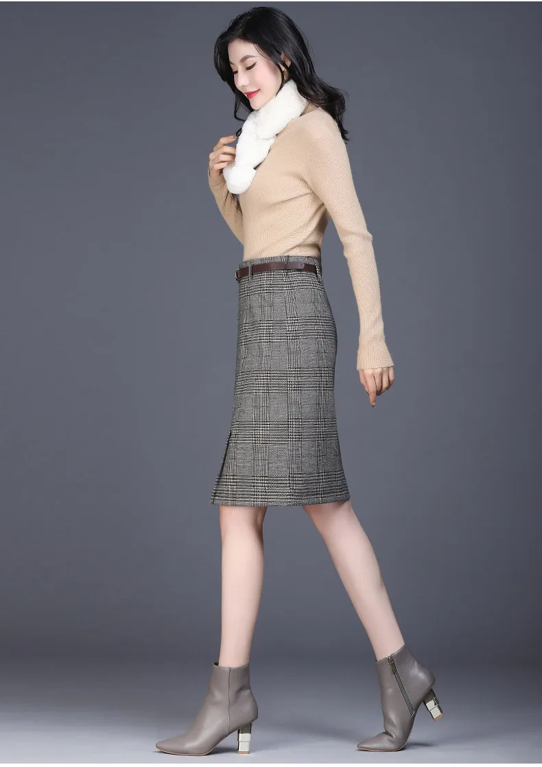 Новая Осенняя зимняя клетчатая юбка для женщин черная трикотажная юбка с высокой талией длиной до колена трапециевидная юбка S-3XL размера плюс облегающая юбка-карандаш для женщин