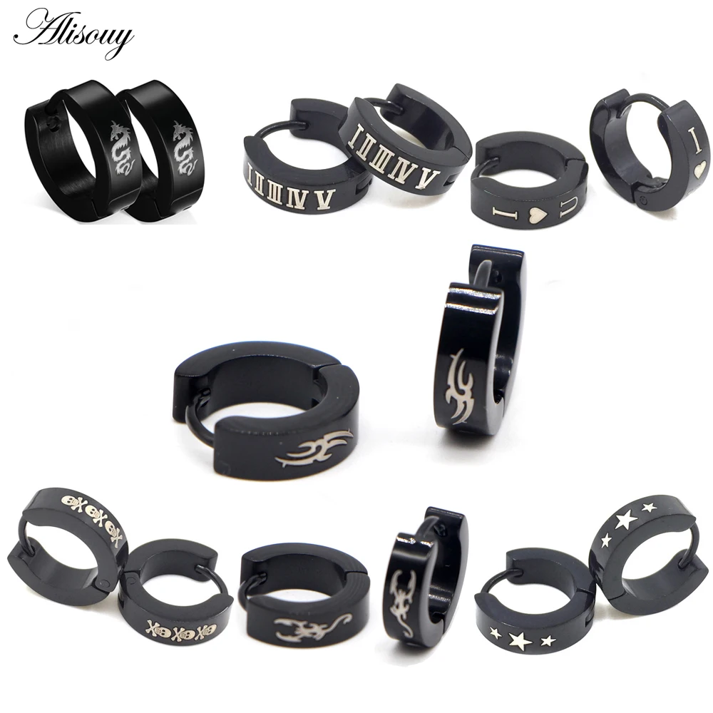 Alisouy Cute Hoop Earrings for Men Women Punk Dragon Heart Skull Star Cross Roman Numerals Stainless Steel Huggie Small | Украшения и