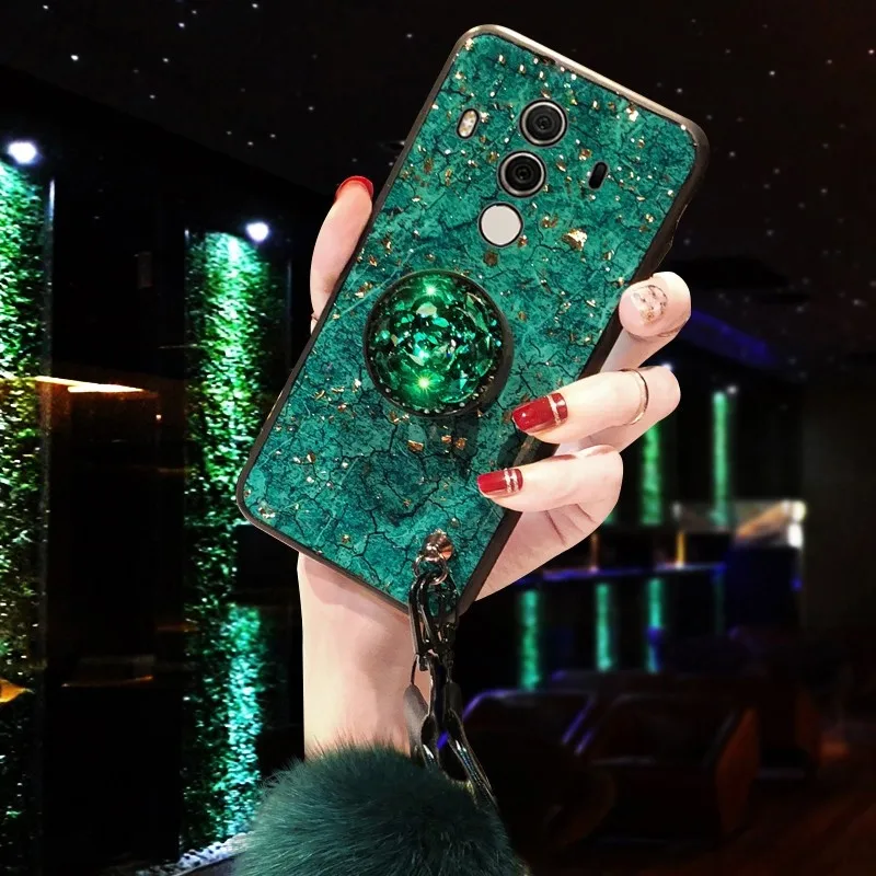 Green Эпоксидный Золотой фольга драгоценный камень зеленый чехол для телефона huawei Honor mate 20 Pro 9 10 Lite 7C 7A 7X8X8 8A 8C с кольцом держатель ремешок крышка - Цвет: Green
