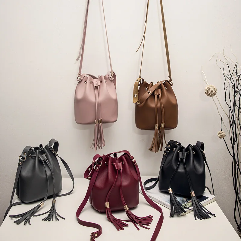 

2019 New women bag japan style fringes bags for women drawstring buckets single women messenger bag sling bag female pouch