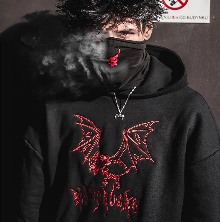 

Autumn Fashion Cool Swag Loose Hip Hop Sweatshirt Men Long Sleeve Bat Spider Embroidery Streetwear Hoooded Tops Men's Pullover