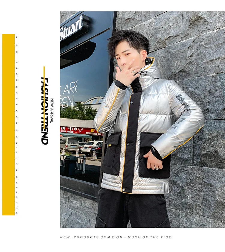 Winter New Style Men Bright Surface Cotton-padded Clothes Men'S Wear Teenager Trend Cool Mixed Colors Hooded Cotton Coat Student