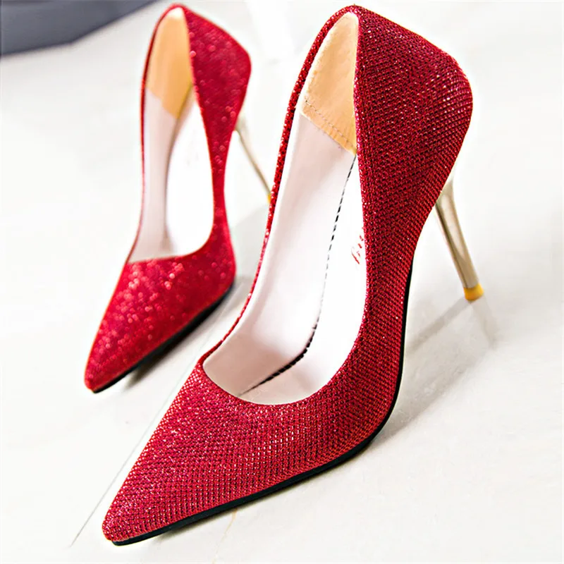 

2019 New High Heels Pointed Toe Silk Upper 9.5CM Stiletto Heels Bling Shallow Shoes Women Wedding Party Shoes Breathable pumps