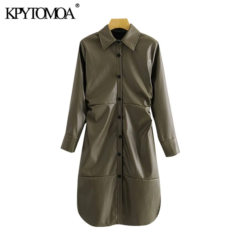 KPYTOMOA Women 2020 Chic Fashion Faux Leather Draped Midi Dress Vintage Long Sleeves Button-up Side Vents Female Dresses Mujer KPYTOMOA Women 2020 Chic Fashion Faux Leather Draped Midi Dress Vintage Long Sleeves Button-up Side Vents Female Dresses Mujer