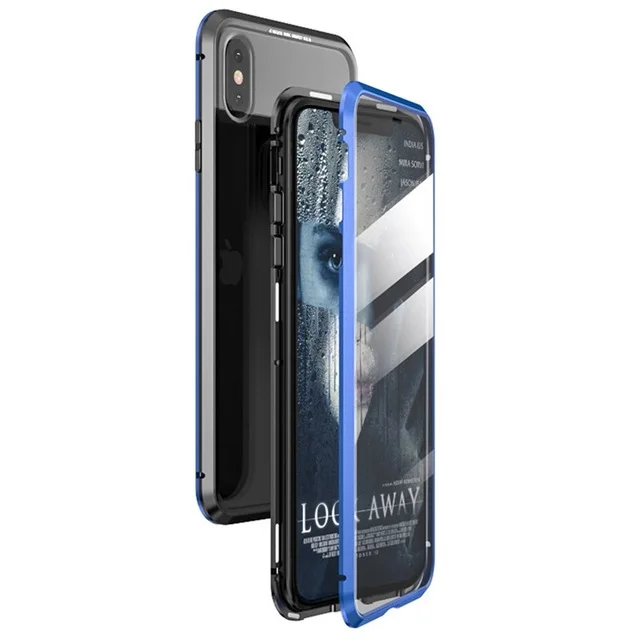 Магнитный металлический чехол для телефона iPhone 7 8 X XS MAX XR 6 6S Plus металлический бампер из закаленного стекла 360 Полное покрытие защита экрана - Цвет: Blue and Black