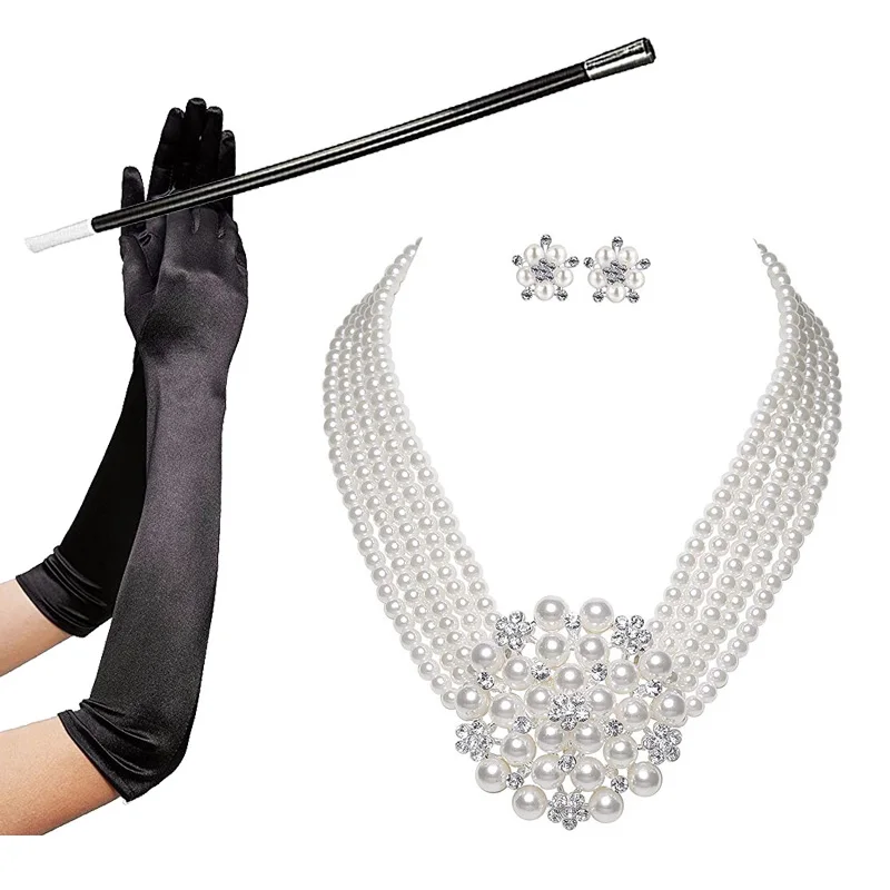 1950s Costume Jewelry Accessory Set Pearl Necklace Earring Glove Cigarette Holder Audrey Hepburn Breakfast at Tiffanys