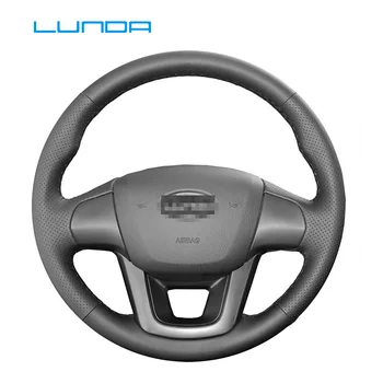 

LUNDA Black Leather Car Steering Wheel Cover for Kia Forte 2009-2014 Soul 2010-2013 Rio 2009-2011 hand-stitched steering wheel