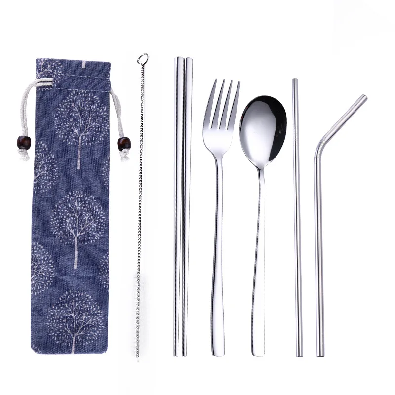 

Silver Stainless Steel Creative Titanium-Plated Environment-Friendly Portable Tableware 304 Stainless Steel Spoon Chopsticks Set