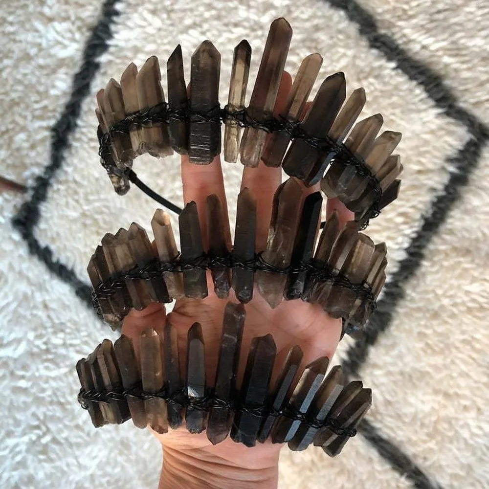 

Coffee Black Headband Wire Wrapped Iridescent Crystal Point Crown Aura Quartz Tiara Witch Crown on A Flexible Metal Hairbands