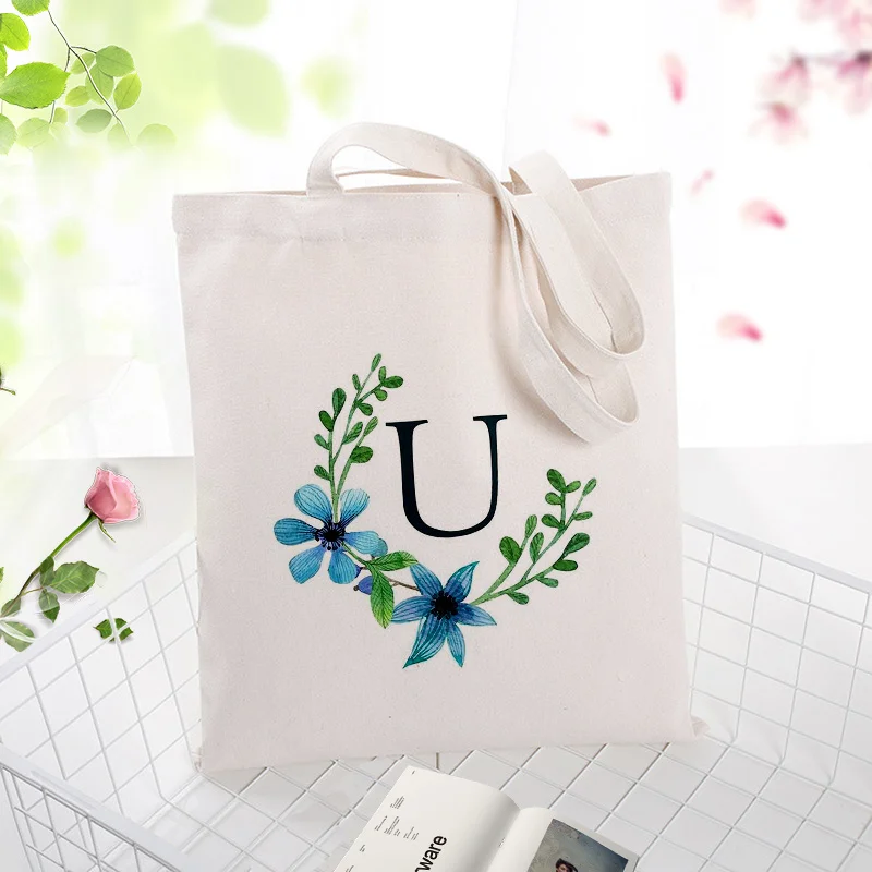 U-W художественная Сумка-тоут с принтом букв и синих цветов, Экологичная многоразовая Холщовая Сумка для покупок, Повседневная сумка для женщин