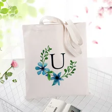 U-W художественная Сумка-тоут с принтом букв и синих цветов, Экологичная многоразовая Холщовая Сумка для покупок, Повседневная сумка для женщин