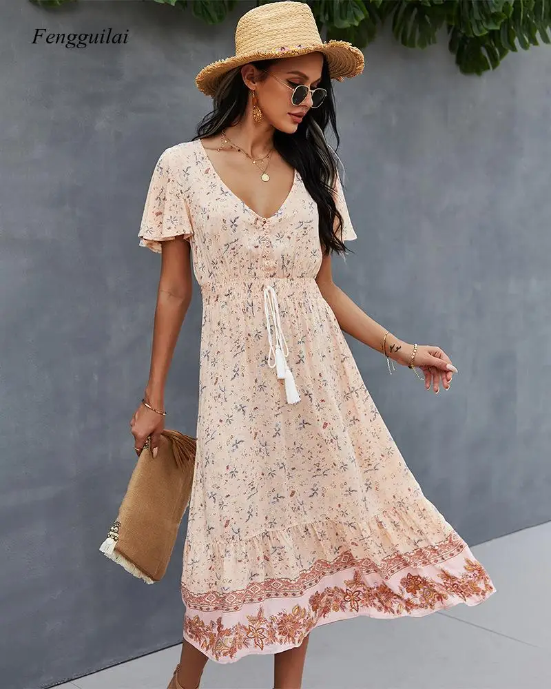 beach maxi dress with sleeves 2021 Design Australian Women's Positioning Flower Bohemian Holiday Casual Dress white beach dress long