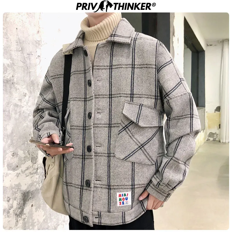 Privathinker мужские новые клетчатые шерстяные куртки с принтом Мужские карманы Корейская куртка пальто мужская повседневная Толстая теплая одежда осень зима