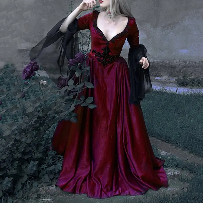 Готическое винтажное Элегантное Длинное платье для женщин, Осень-зима, темно-Черное Красное Сетчатое ретро платье для вечеринки, ужина размера плюс 5XL Vestidos