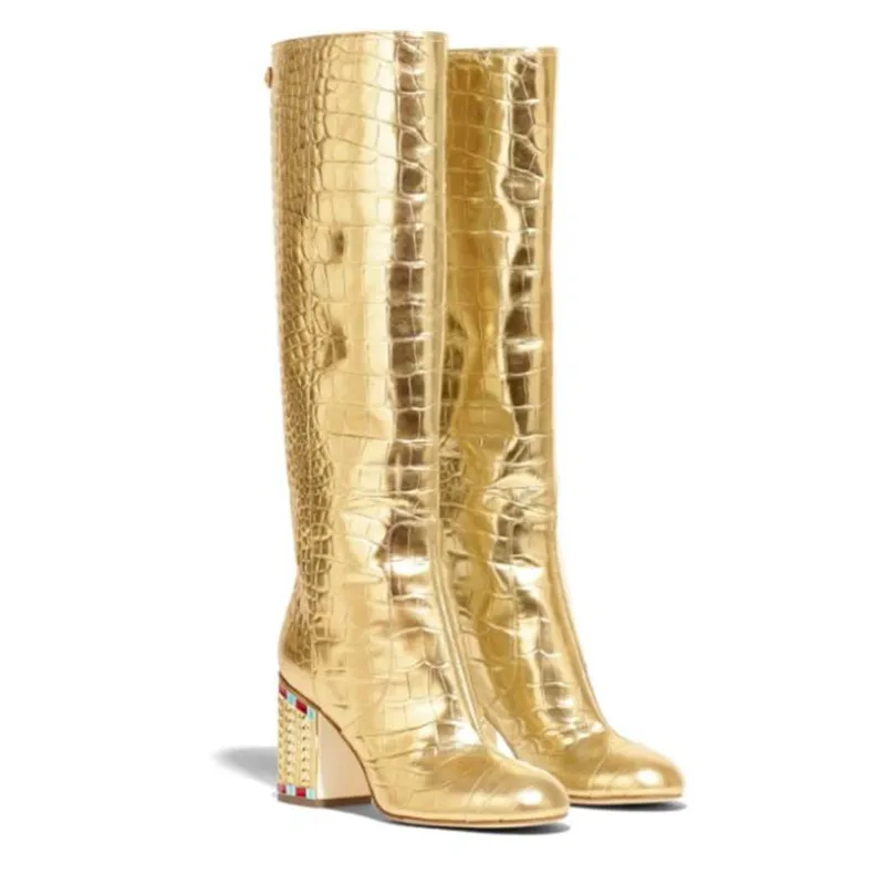 Роскошные дизайнерские женские сапоги; золотые сапоги; женская обувь со стразами; Новое поступление; Bota Feminina; кожаная женская обувь в стиле ретро; Botas Mujer