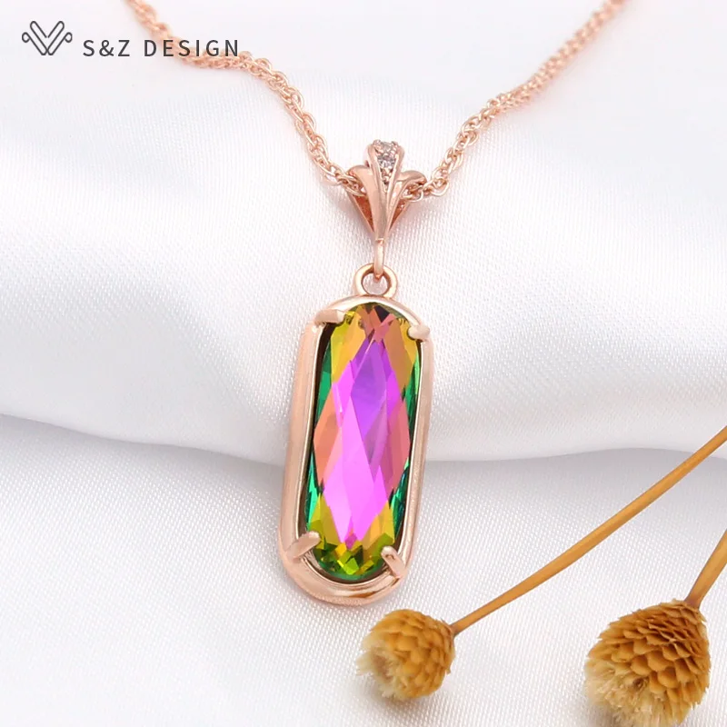 S&Z DESIGN New Oval Egg Shape Crystal Pendant 585 Rose Gold Color Cubic Zirconia Necklace For Women Elegant Wedding Jewelry