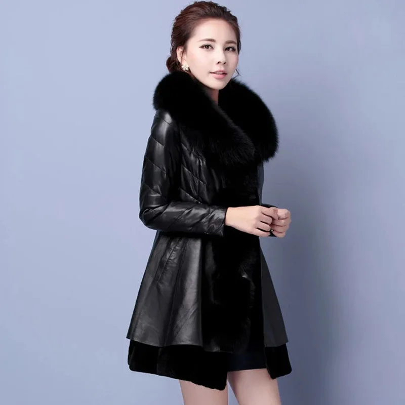 Women's Faux Fur Coats Long Female Imitation Fox Fur Big Fur Collar PU Fur One Warm Leather Slim Jackets Outerwear Elegant - Цвет: Черный