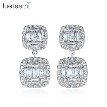 

LUOTEEMI Double Square Clear Cubic Zirconia Drop Earrings for Women Wedding Party Classic Dangle Earrings Fashion Jewelry Gift