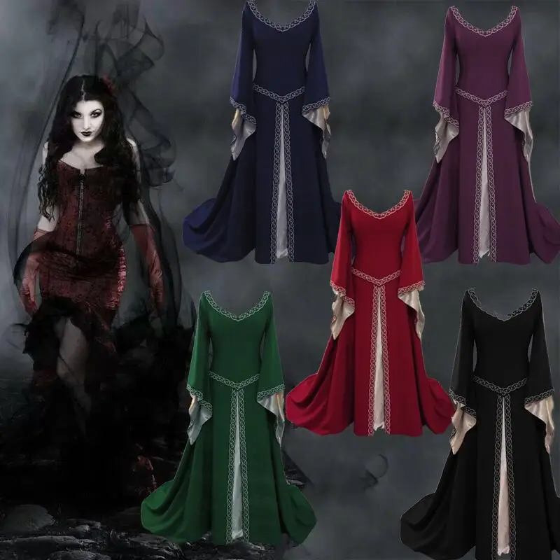 

Women's Vintage Mesh Dress Female Ladies Celtic Medieval Floor Length Renaissance Gothic Cosplay Long Sleeve Autumn Dresses