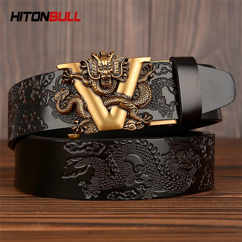 Ремень HITONBULL мужской из натуральной воловьей кожи пояс с автоматической пряжкой