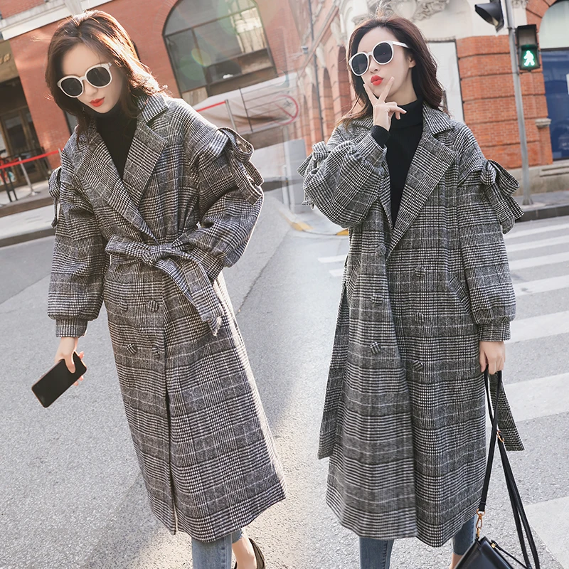 

2019 autumn and winter new Korean robe femme loose fashion trend long-sleeved lattice lapel long woolen coat plus size retro