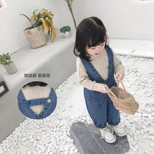 Весенние новые стильные джинсы для детей от 19 лет Широкие штаны на подтяжках в западном стиле с диагональным карманом для маленьких девочек детские штаны 1745