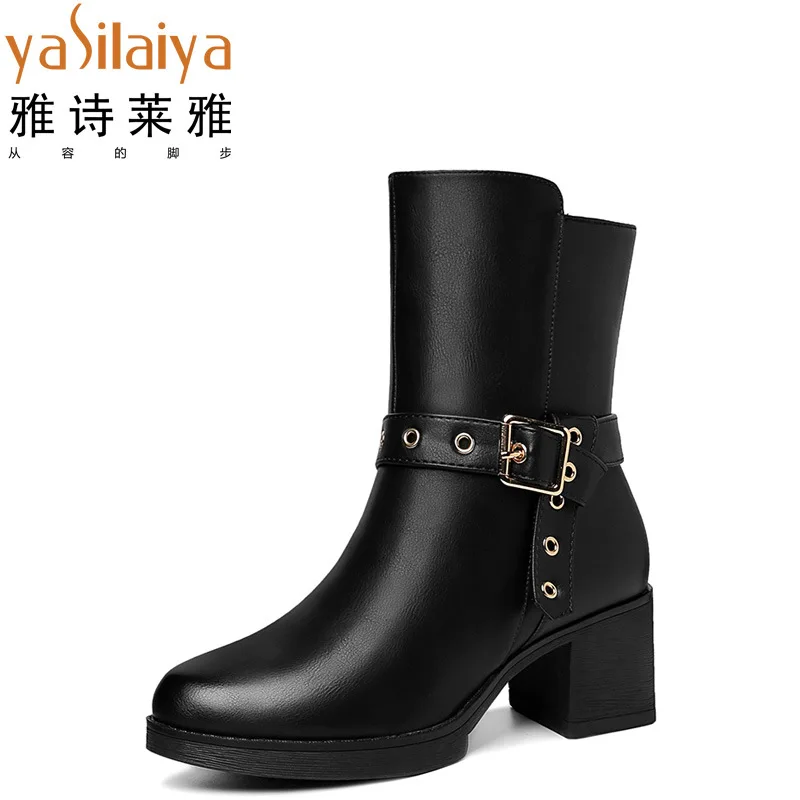

Yasilaiya 2019 Autumn And Winter Chunky-Heel Boots Side Zipper Metallic Decoration Short Boots Waterproof Platform WOMEN'S Shoes