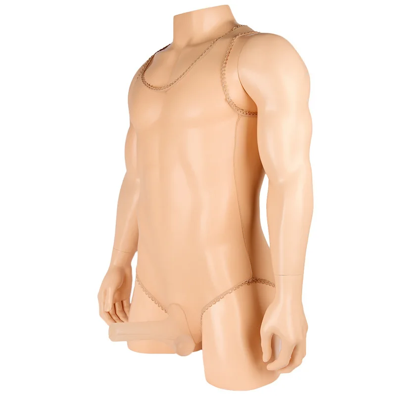 Sexy Men Sheer Mesh Sissy Penis Sheath Teddy Bodysuit Bodystocking French Cut Cross Dressing Lingerie