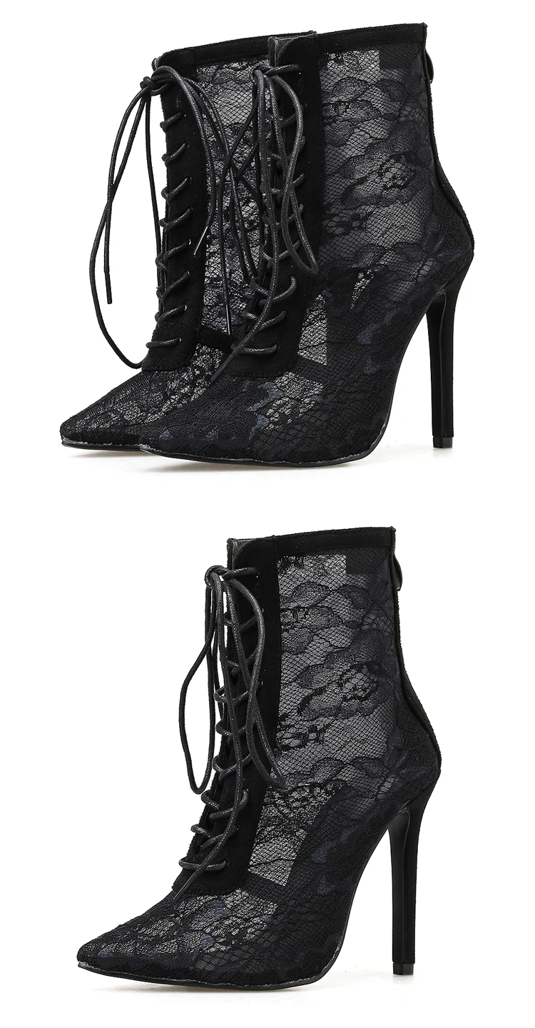Aneikeh/черные женские ботинки с сеткой модные женские прозрачные ботильоны с острым носком на шнуровке на высоком каблуке женские босоножки Туфли-лодочки под платье