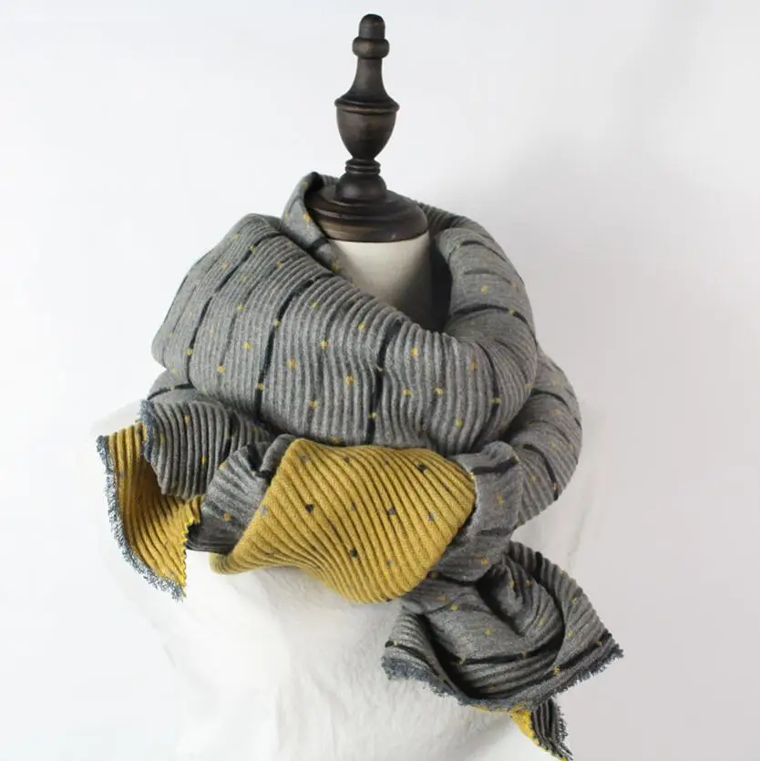 Women Wrinkle Solid Reversible Scarf Girls Pleated Stripes Print Dots Print Cape Pashmina Shawls Rectangle Wraps Long Scarves