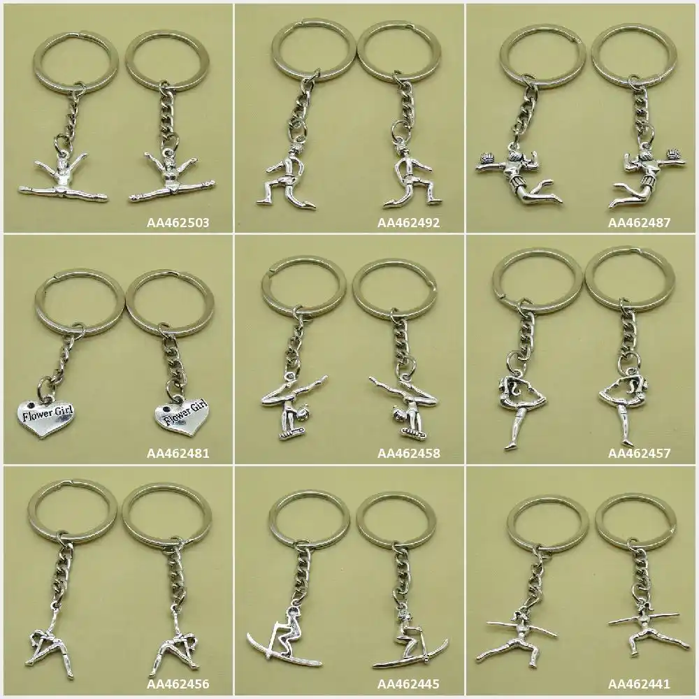 Antigo de Prata Banhado Chaveiro Anel Keyring Keytag Ginástica Jogador de Vôlei de Esqui do Esqui Da Menina de Flor Do Amor Do Coração