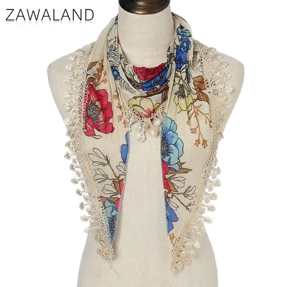 Zawaland Spring Summer Lace Triangle Scarf Flower Printed Scarves Female 144cm Hollow Fringed Bib Veil Decor |