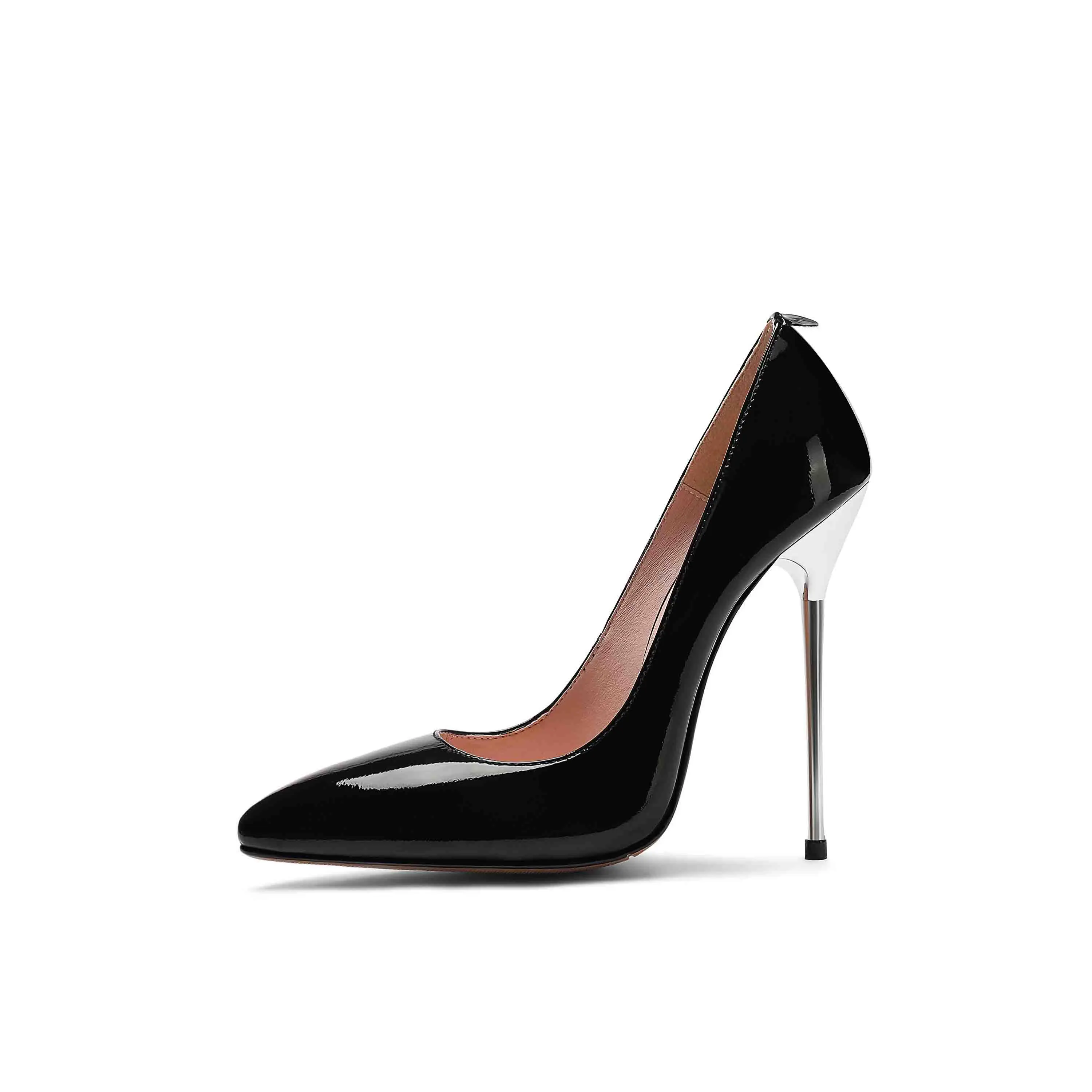 Оригинальное предназначение; очень пикантные туфли-лодочки на металлическом каблуке; женская обувь из натуральной лакированной кожи на очень высоком каблуке; черные женские туфли; большие размеры - Цвет: EF7612 Black