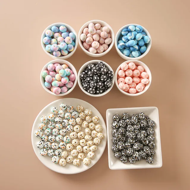 10 Pc Creative Print Flat Beads Silicone Beads 15mm Food Grade DIY Chewable Rodent Round Ball Silicone Teething Beads 1