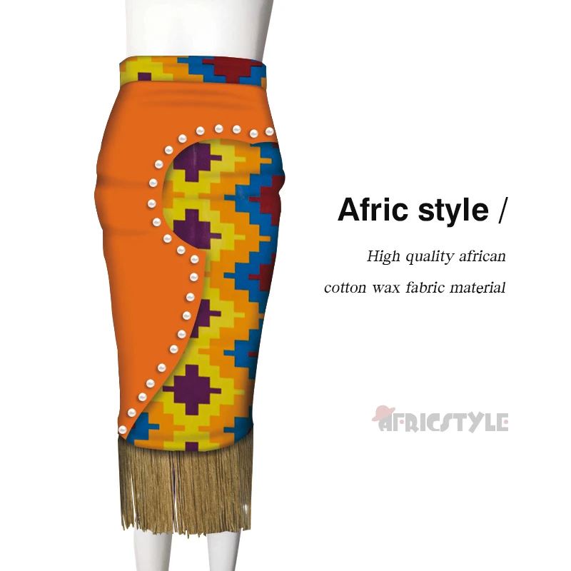 

2019 New African Skirts for Women Bazin Riche Dashiki Women Pocket Pencil Skirts with Pearl and Tassel Decoration WY5630