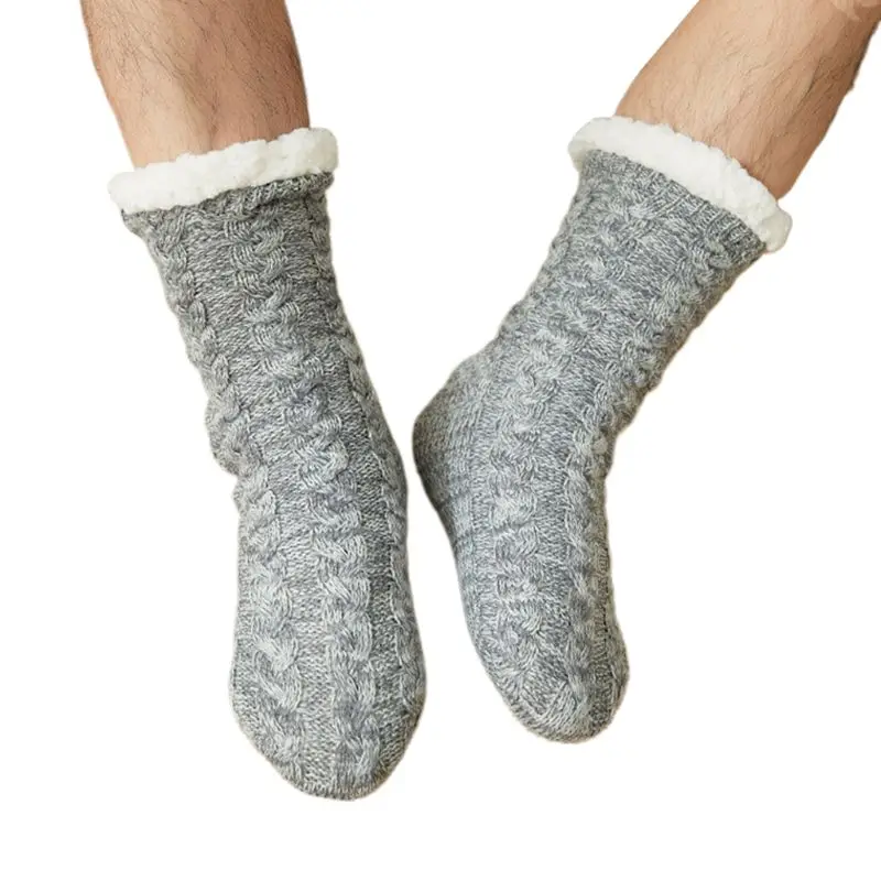 Мужские зимние теплые пушистые носки-тапочки, вязаные однотонные чулочно-носочные изделия с плюшевой подкладкой - Цвет: 2
