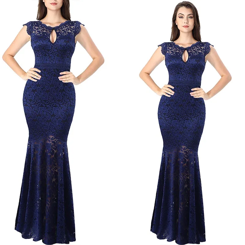 Dark Blue Vfemage женские сексуальные прозрачные цветочные кружева Замочная скважина спереди Формальные Вечерние платья для свадебной вечеринки бодикон Русалка Макси длинное платье 006 - Цвет: Dark Blue