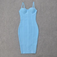 Sexy Women Sky Blue Spaghetti Strap Bandage Dress Knee Length Sheath Padded Party Dress HLB4114