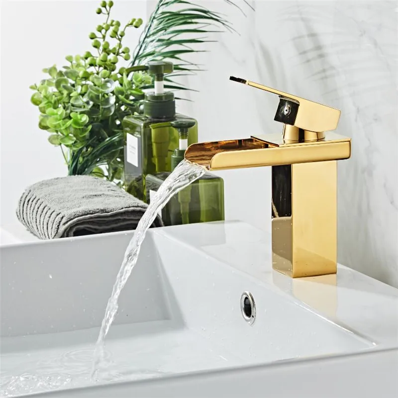 New Arrival Crane Gold color Waterfall Faucet Sink Mixer Tap Vanity Hot Cold Water Bathroom Faucets Single Handle Basin | Обустройство