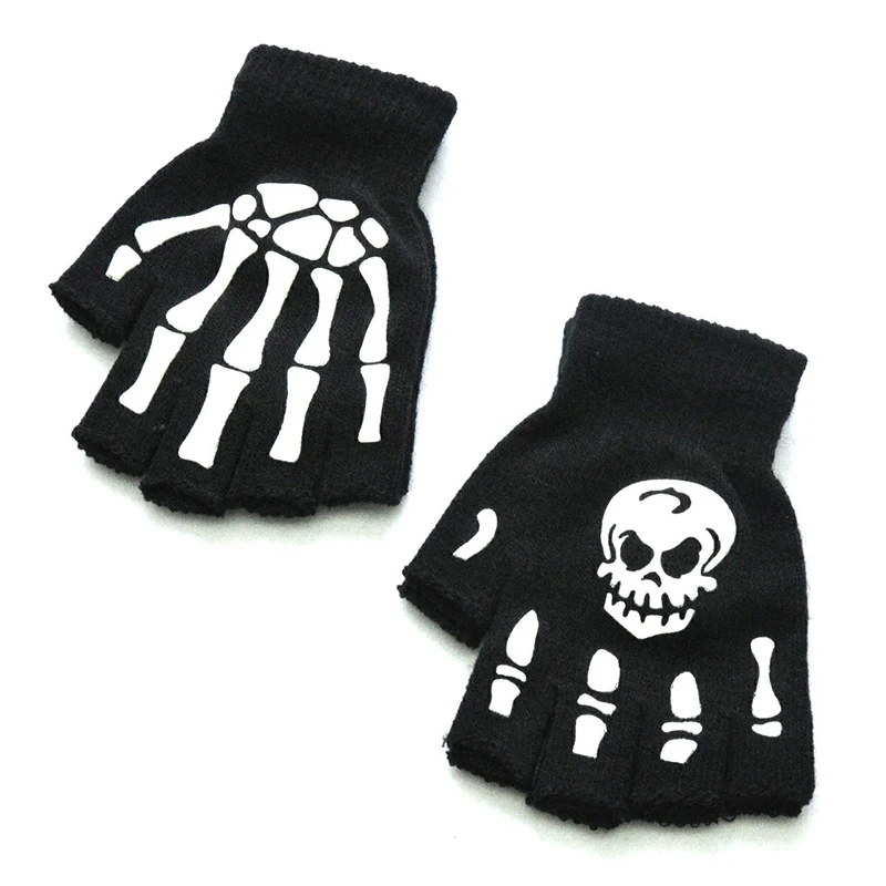 

Knitted Half Finger Gloves Unisex Gloves Elastic Halloween Style Gloves Luminous Fluorescence Black Skeleton Gloves Ghost Claw